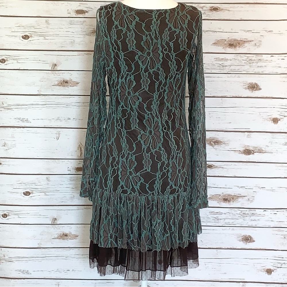 A'Reve Teal and Brown Lace/Tulle dress - Picture 3 of 5